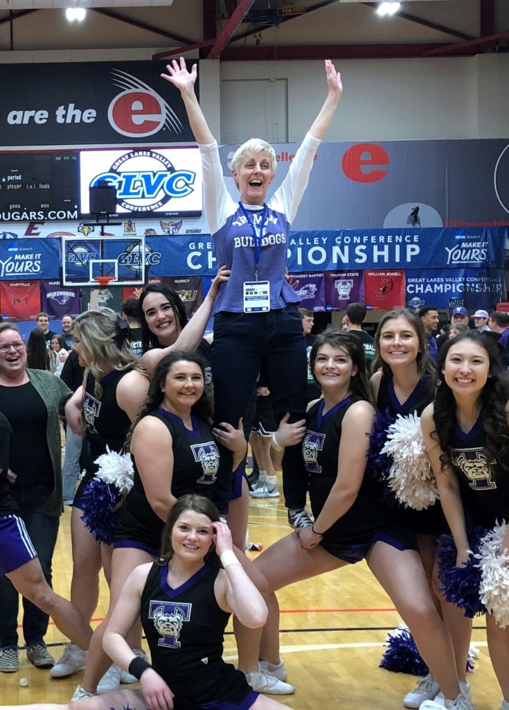 President Sue Thomas with the Truman cheerleaders