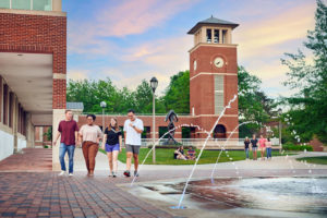 Clock tower and fountain on Truman campus