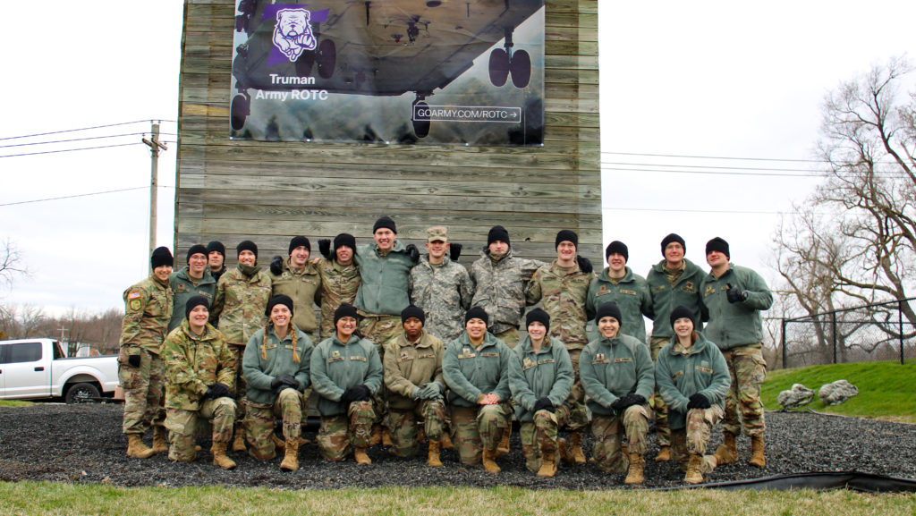 Group of cadets in front of Truman's Rappel Tower