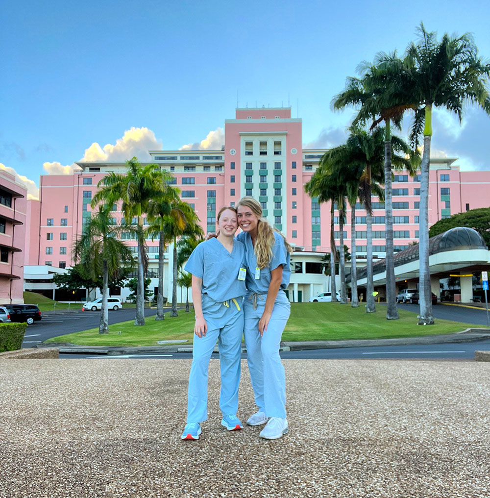 Army nursing cadets standing in front of Tripler Army Medical Center