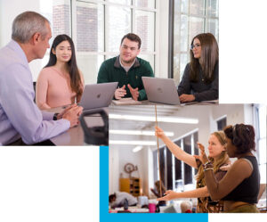 Top photo: Four people sitting at a table with laptops. Bottom photo: Two people having a discusion.